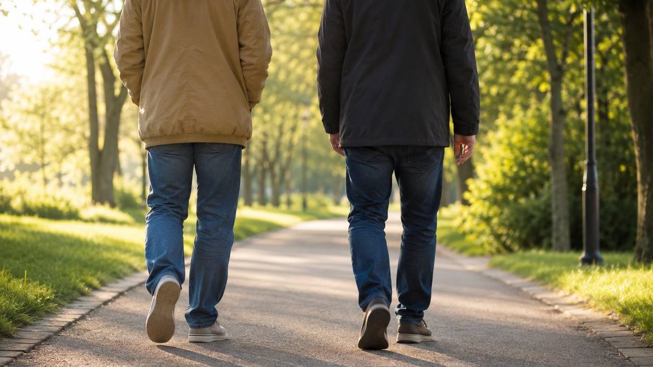 Zwei Menschen gehen gemeinsam durch einen Park
